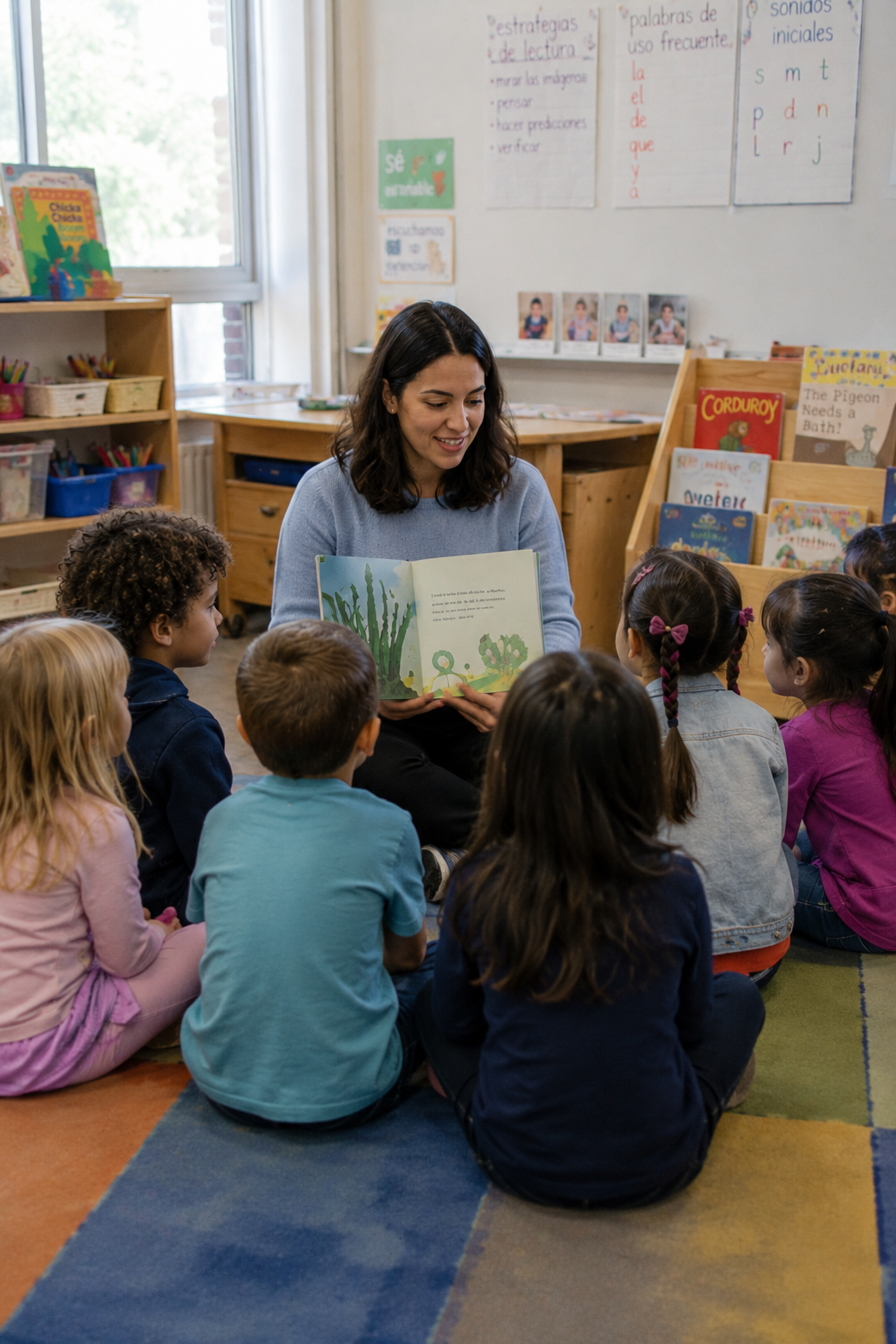 Docente leyendo un cuento a un grupo de niños en un aula iluminada