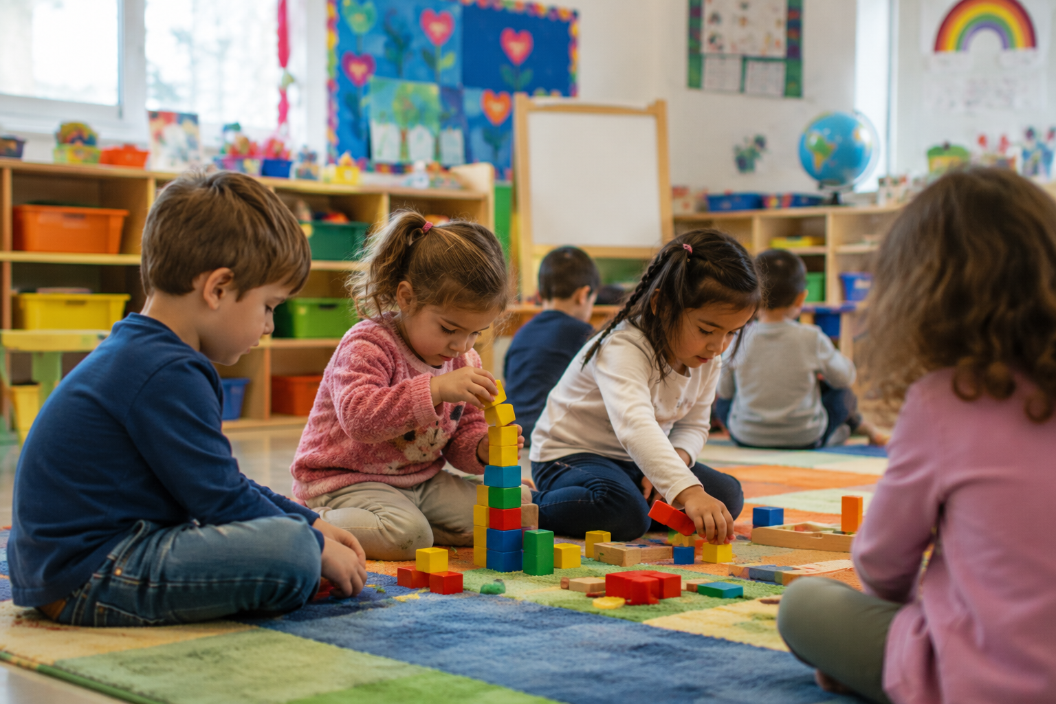 Niños jugando con bloques de madera en un aula